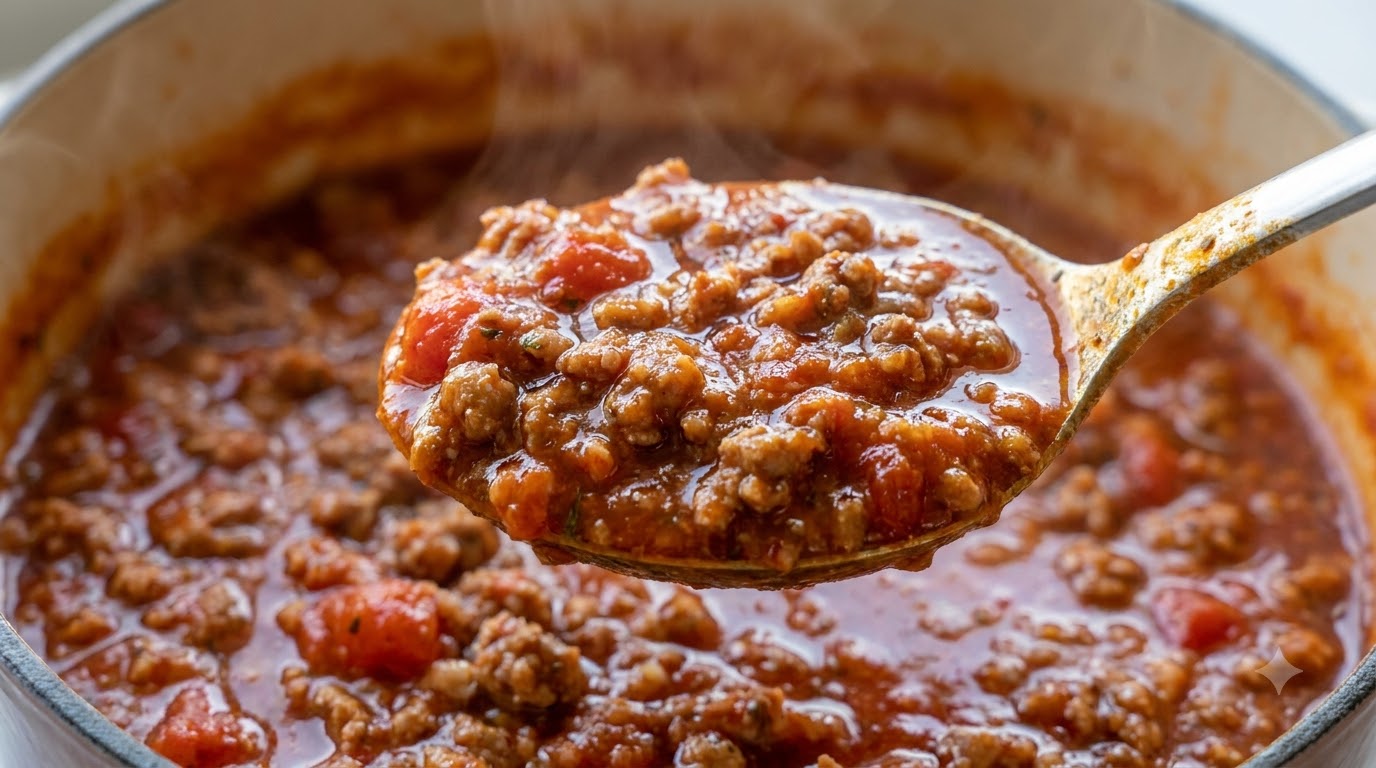 Ein großer Löffel dicke, reichhaltige und rote Bolognese-Soße, die direkt über dem simmernden Topf gehoben wird