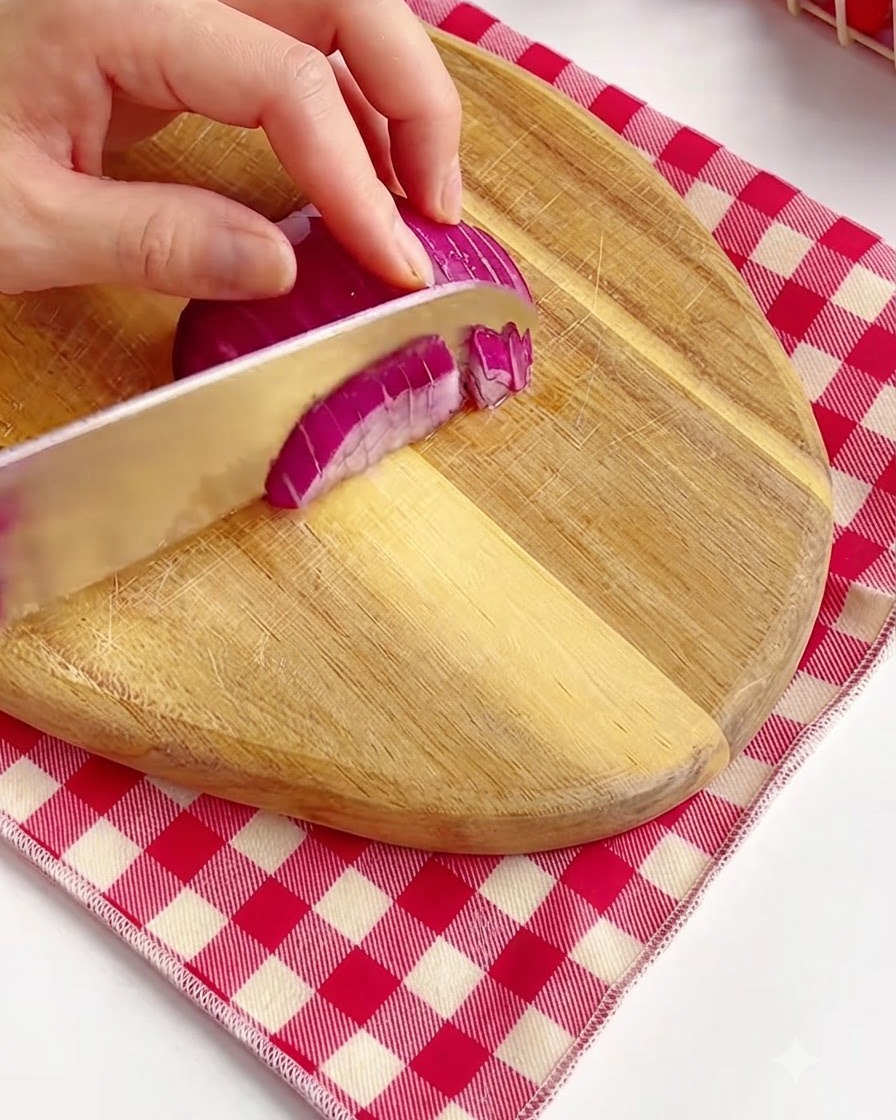 Hände schneiden mit einem scharfen Messer eine rote Zwiebel auf einem Holzschneidebrett.