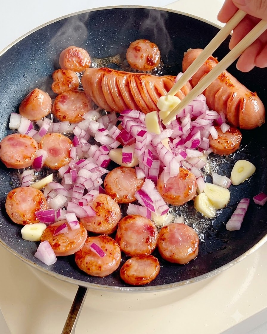 Rote Zwiebelstücke, Knoblauch und in Scheiben geschnittene Würstchen werden mit den ganzen Würstchen in einer Pfanne angebraten.