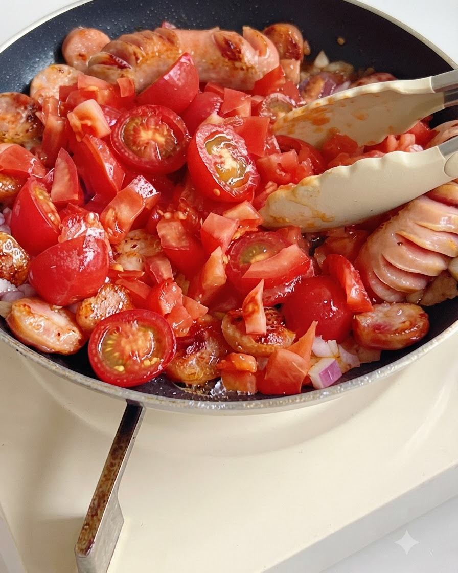 Gehackte Kirschtomaten werden in der Pfanne mit den Würstchen und Zwiebeln vermengt.