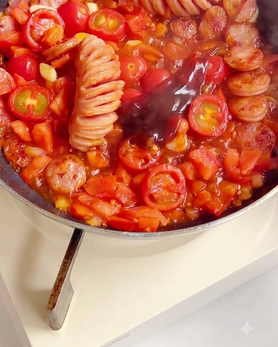 Dunkle flüssige Würzsauce wird in eine köchelnde Mischung aus gehackten Tomaten und Würstchen gegossen.