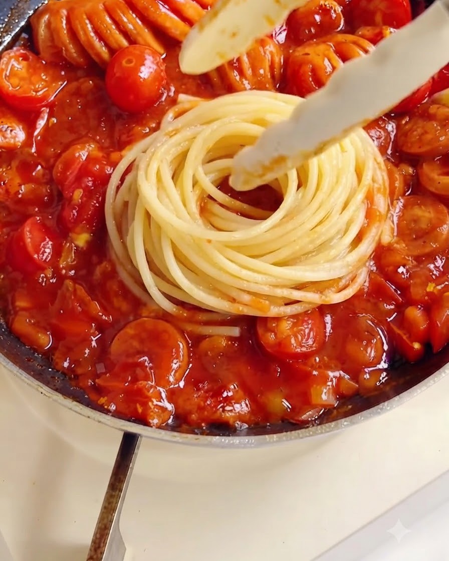 Ein ordentliches Nest gekochter Spaghetti wird in die Mitte der Pfanne auf die dicke Tomatensauce gelegt.