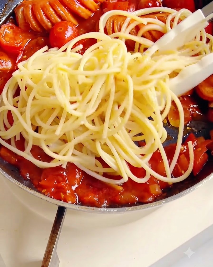 Spaghetti werden mit einer Zange geschwenkt, um sie in der Pfanne gründlich mit der dicken Tomatensauce zu überziehen.