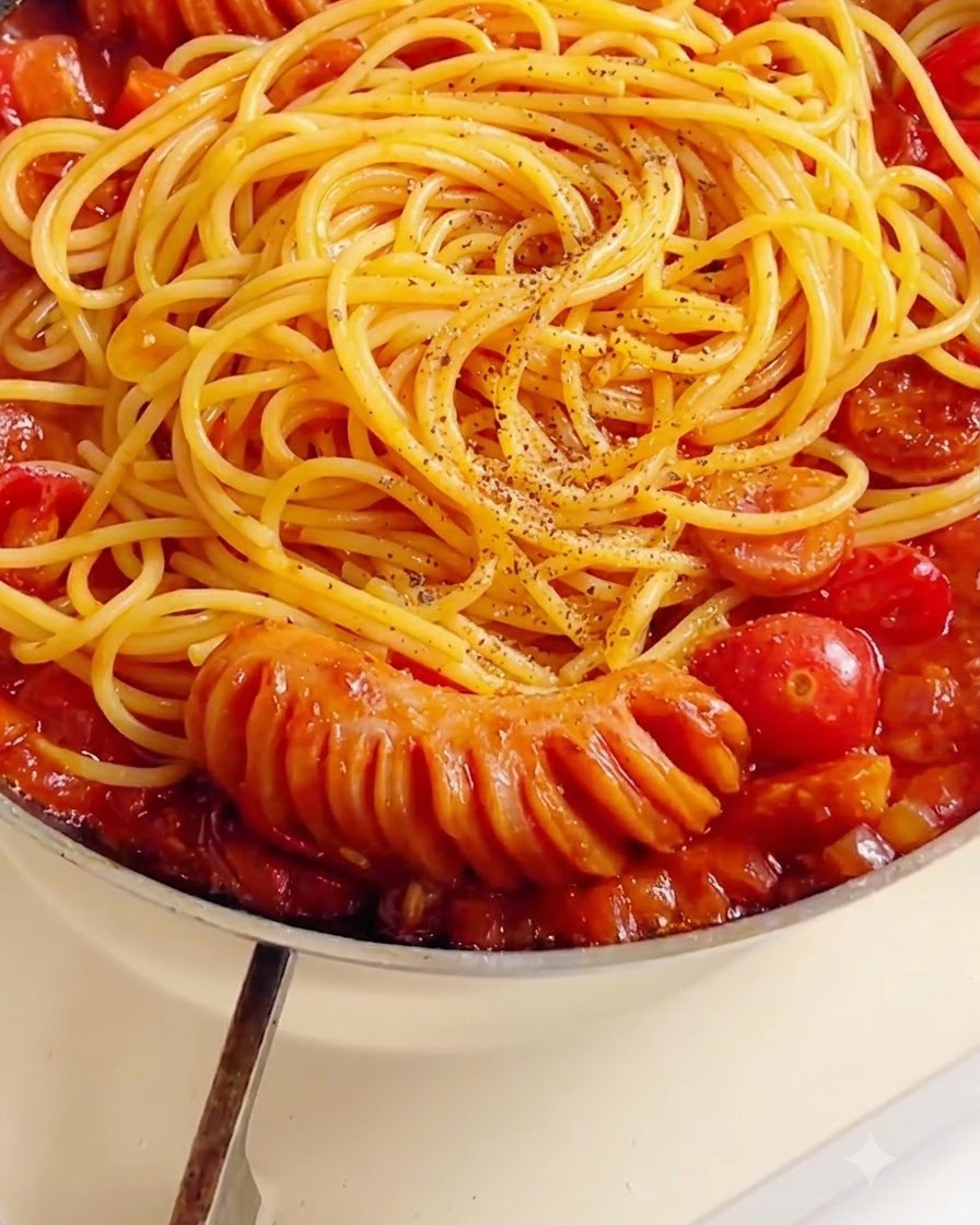 Gemahlener schwarzer Pfeffer und getrocknete Kräuter fallen über eine Pfanne mit Spaghetti, die mit roter Tomatensauce überzogen sind.