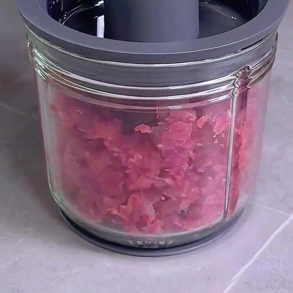 Rohe rote Fleischstücke werden in einer Küchenmaschine aus Glas grob zerkleinert.