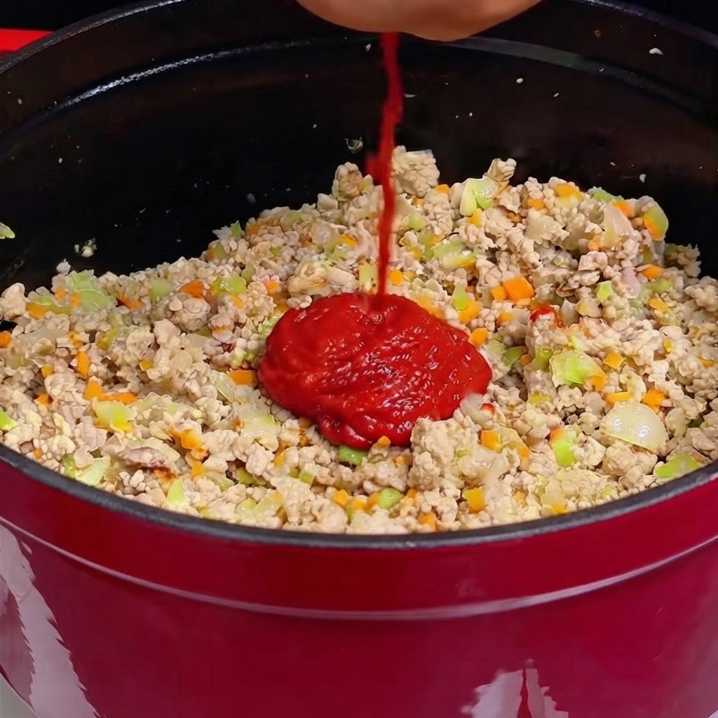 Eine Flüssigkeit wird auf einen dicken Haufen rotes Tomatenmark gegossen, das auf dem gekochten Hackfleisch und Gemüse ruht.