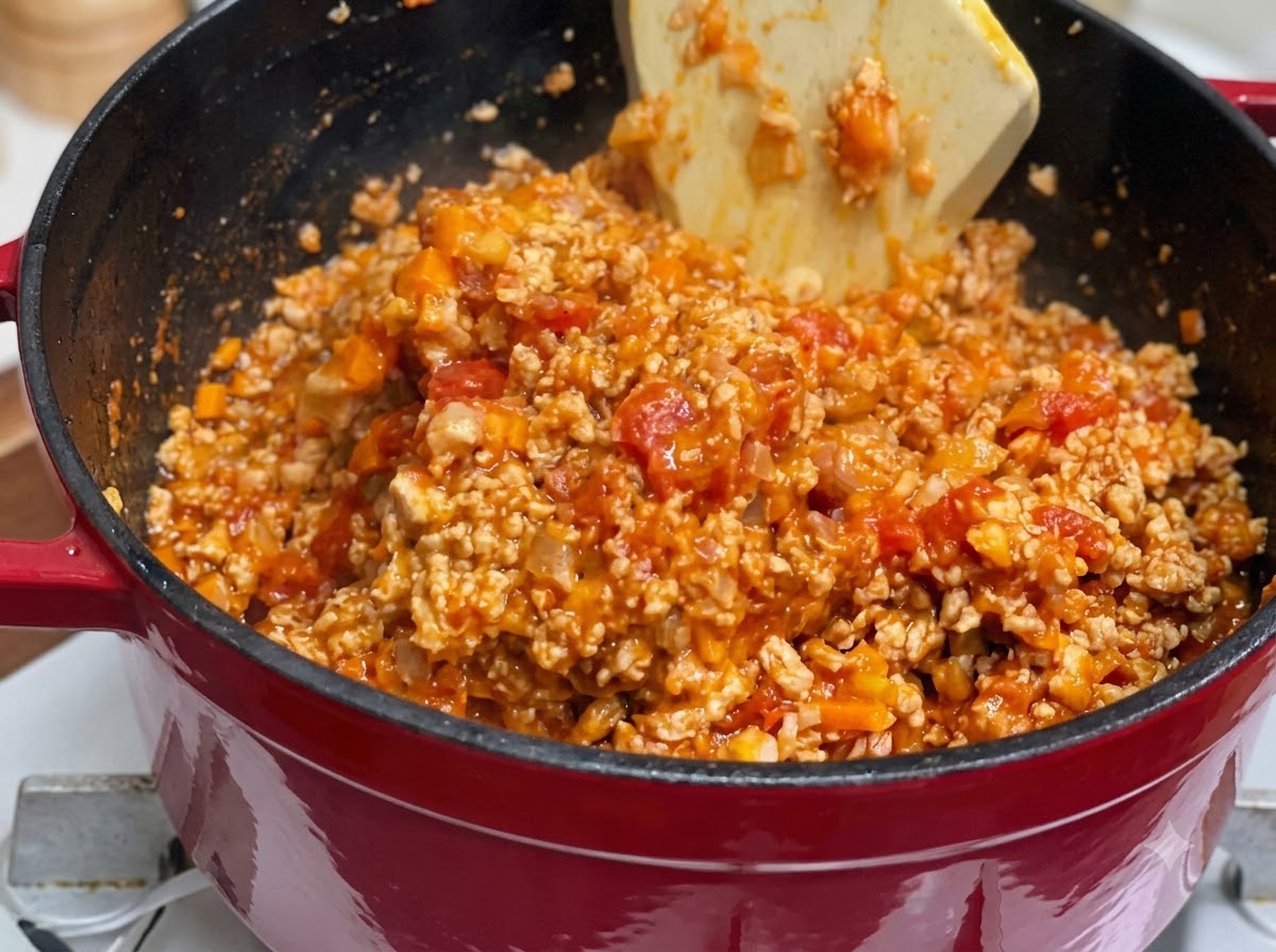 Ein Spatel mischt die Fleisch-, Gemüse- und Tomatenmischung in einem roten Topf.