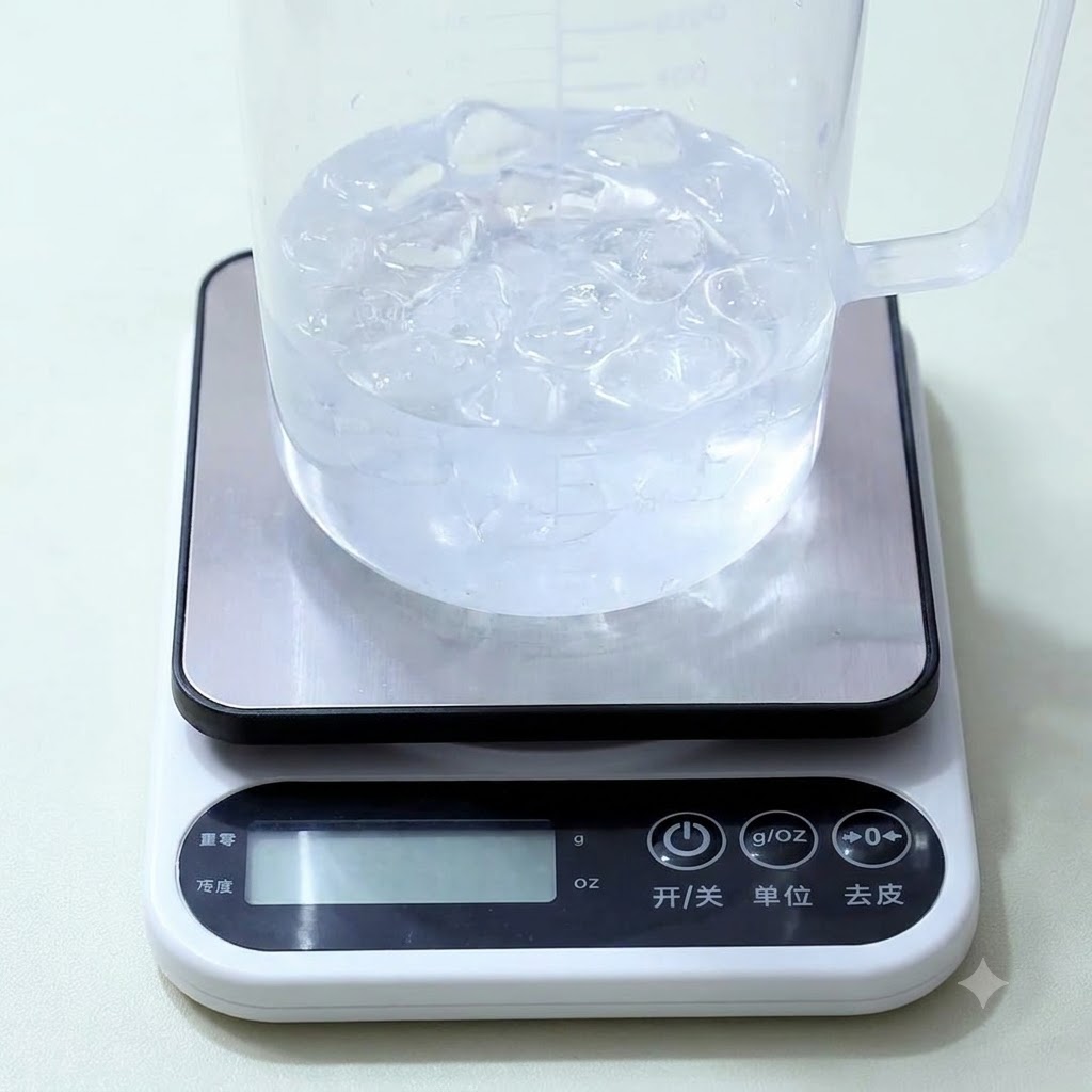 Ein klarer Plastikmessbecher gefüllt mit Wasser und Eiswürfeln auf einer weißen digitalen Küchenwaage.