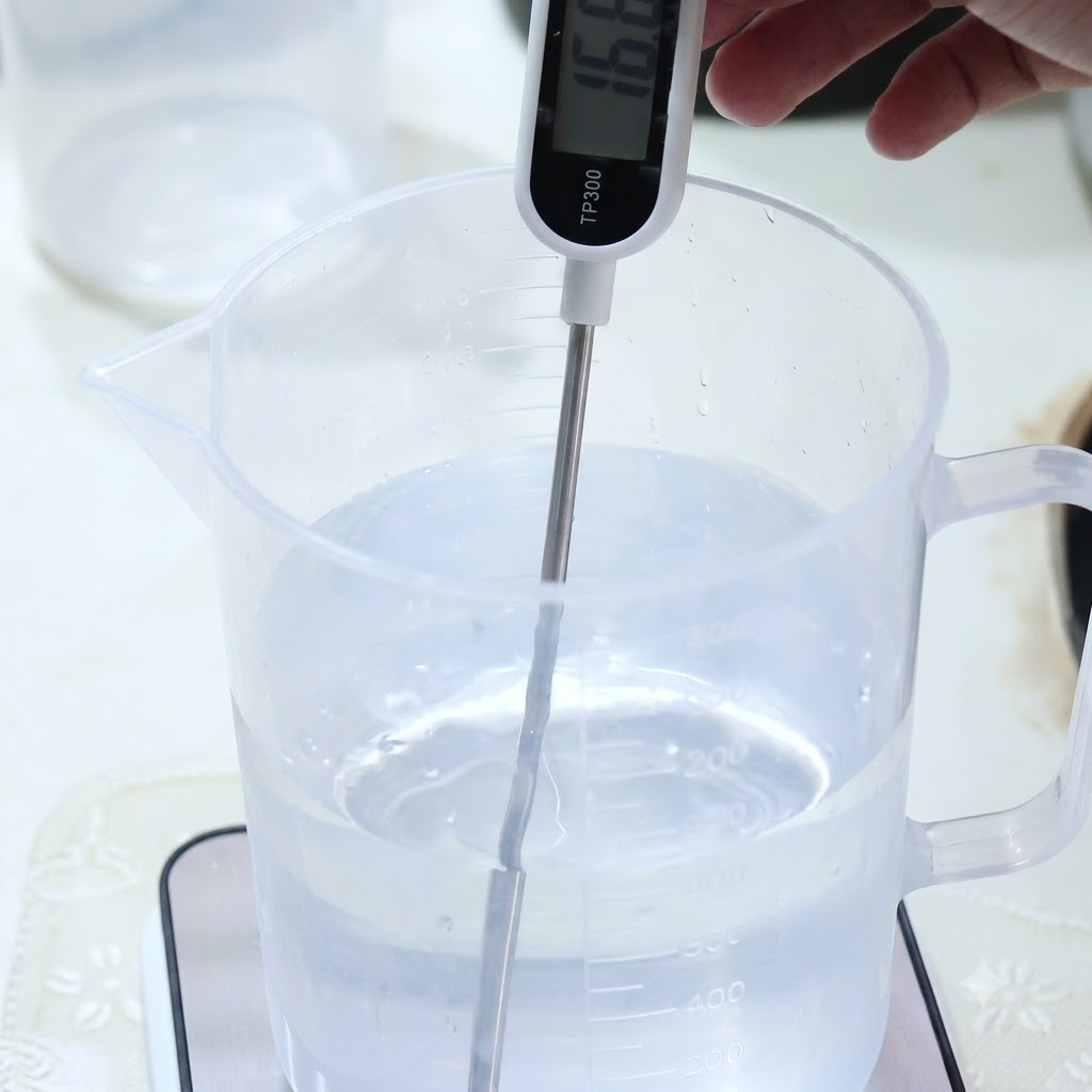 Eine Hand hält ein digitales Thermometer in einen Krug mit Eiswasser, wobei das Display 16,6 Grad Celsius anzeigt.