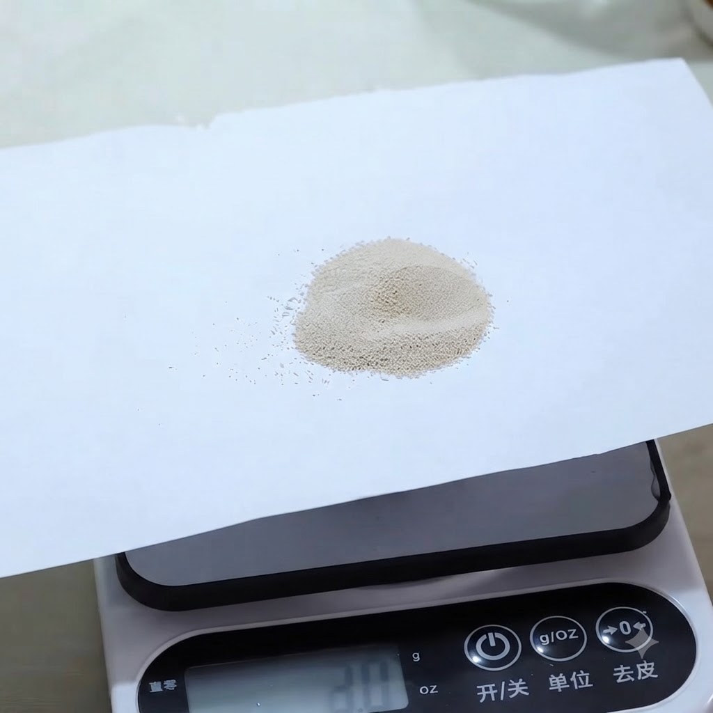 Ein kleiner Haufen Trockenhefe auf einem Stück weißem Papier auf einer Digitalwaage mit der Anzeige 2,0 Gramm.