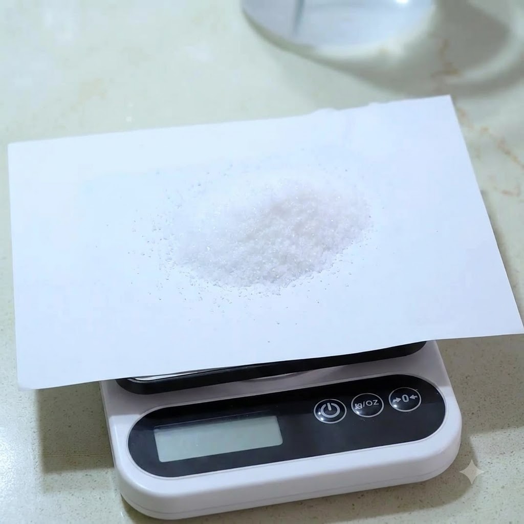 Ein kleiner Haufen feines weißes Salz auf einem Stück Papier auf einer digitalen Küchenwaage.