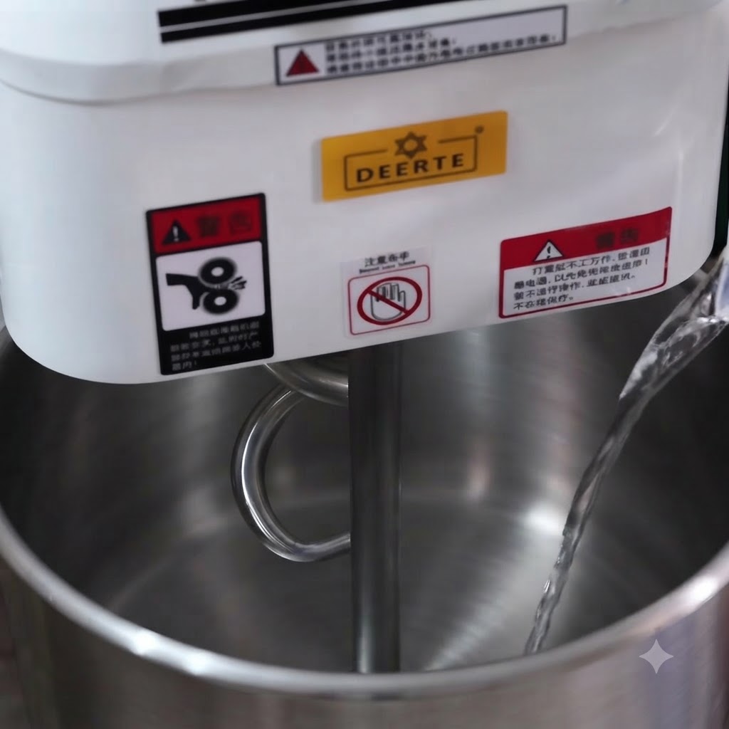 Wasser und Hefe werden in eine große Edelstahlschüssel einer Knetmaschine gegossen.