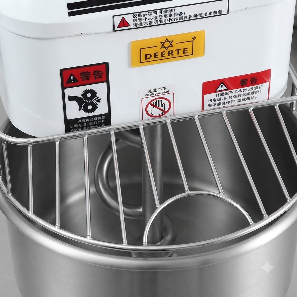 Eine Teigknetmaschine in Betrieb mit einem Schutzgitter über der Edelstahlschüssel.