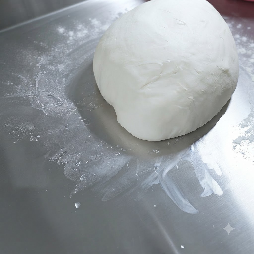 Eine glatte Pizza-Teigkugel auf einer Stahloberfläche mit einem leichten Glanz aus Olivenöl.