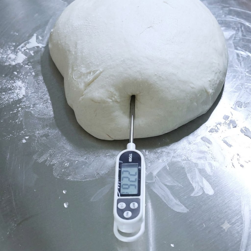 Ein digitales Lebensmittelthermometer wird in einen großen Haufen weißer Pizzateig auf einer Metalloberfläche gesteckt.