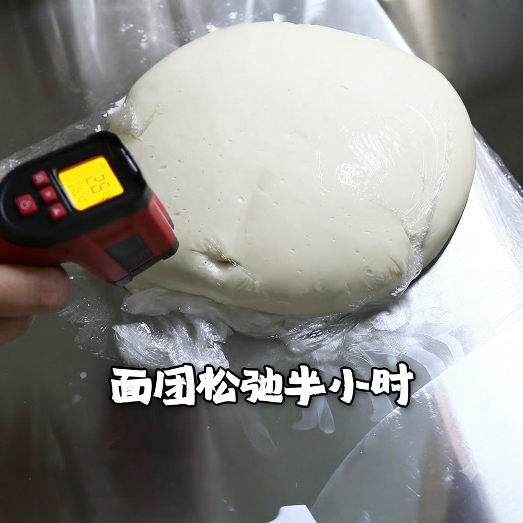 Ein Infrarotthermometer gerichtet auf einen abgedeckten Teighaufen mit chinesischer Textüberlagerung.