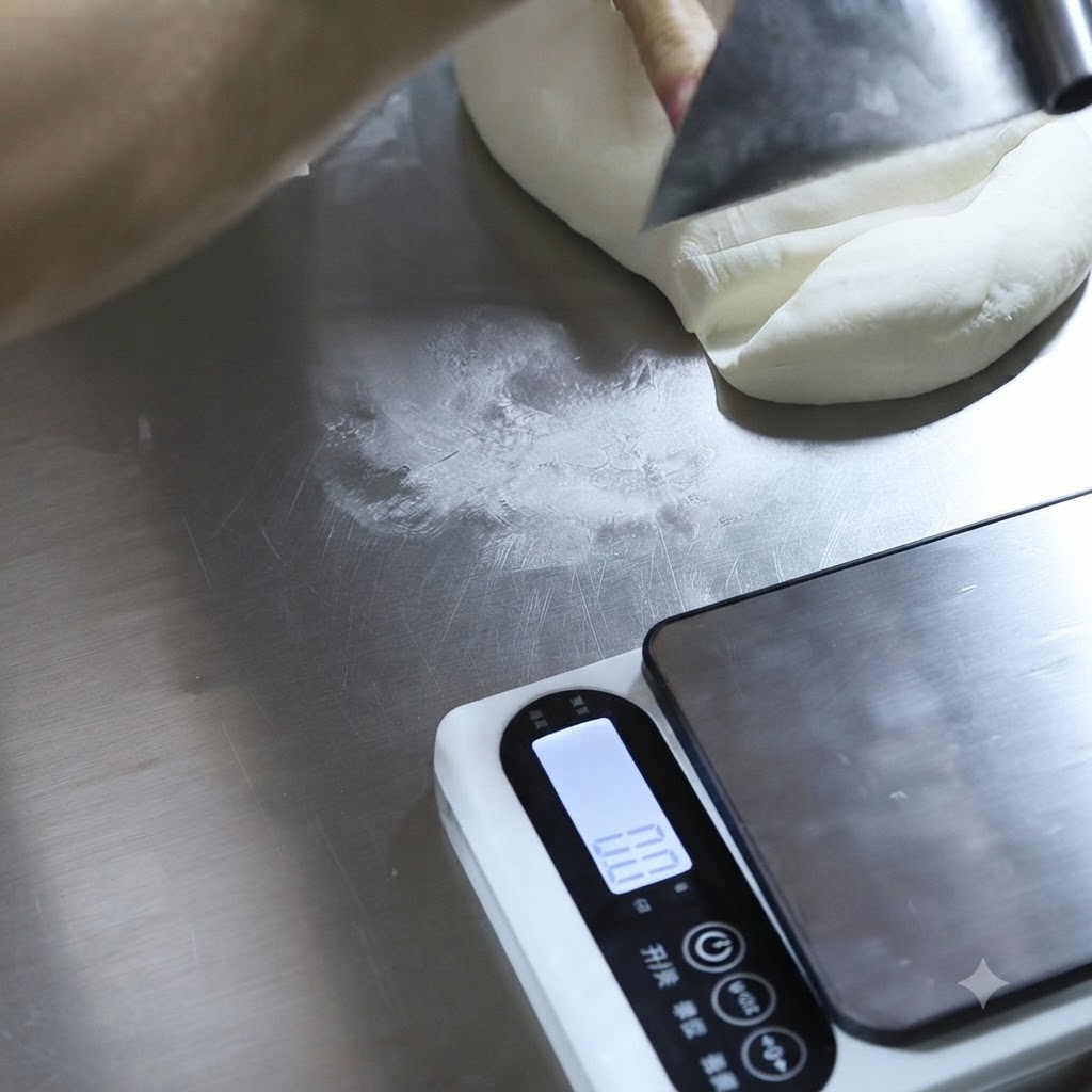 Eine Teigkarte schneidet ein großes Stück weißes Teig neben einer digitalen Küchenwaage auf einer Metallwerkbank.
