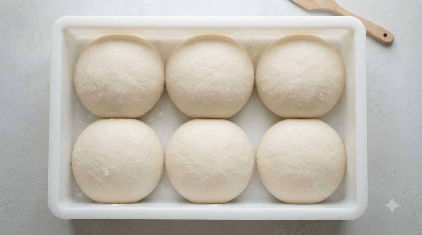 Eine Gärbox mit mehreren runden, glatten und gleichmäßigen Teiglingen für neapolitanische Pizza.