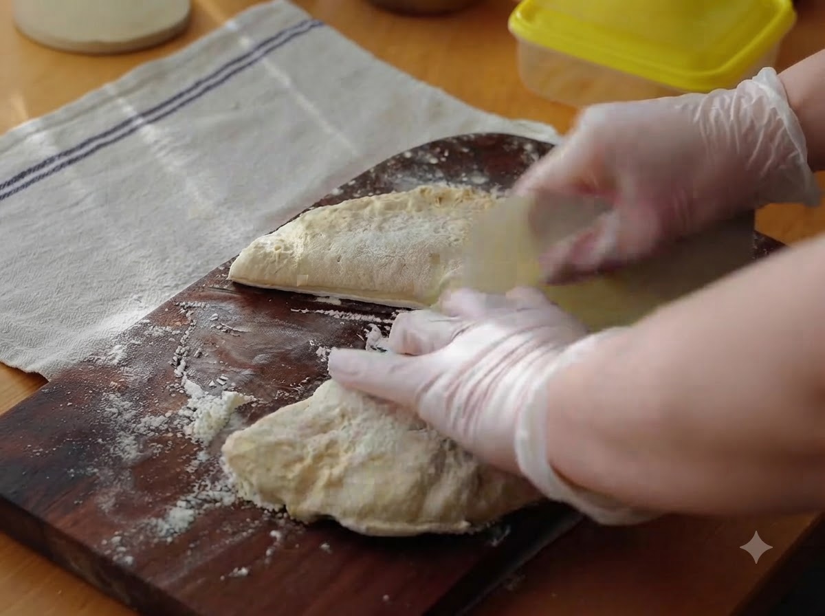 Mit Handschuhen versehene Hände formen und falten eine Portion Pizzateig auf einem bemehlten Holzbrett.