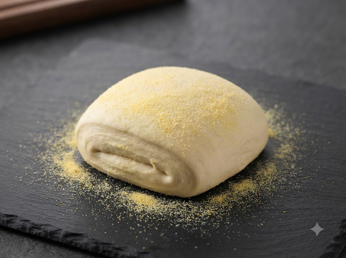 Eine Pizzateigkugel ruht auf einem Bett aus gelbem Hartweizengrieß auf einer dunklen Schieferplatte.