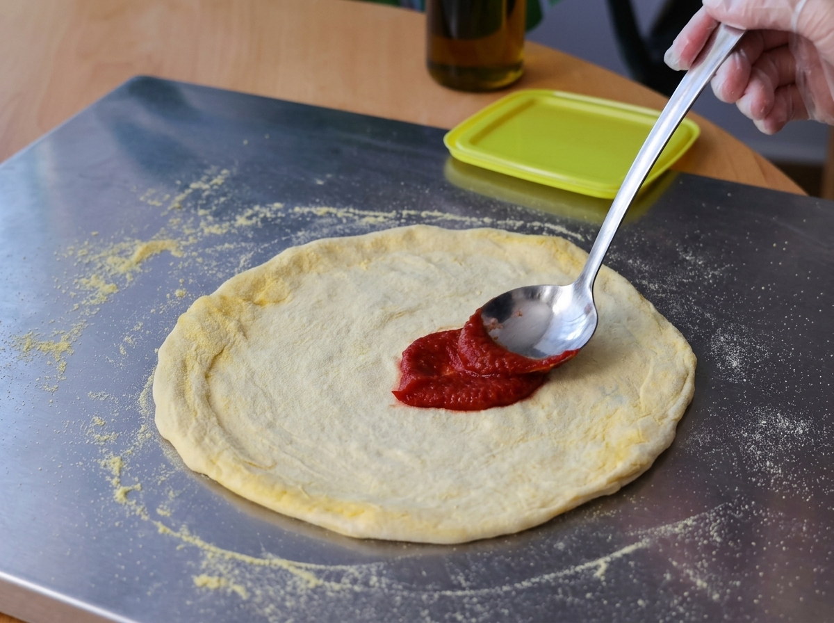 Eine handgeschützte Hand verwendet einen Löffel aus Metall, um hellrotes Tomatenmark gleichmäßig über einen rohen, gedehnten Pizzateigboden auf einer Metalloberfläche zu verteilen.
