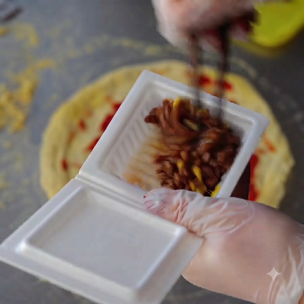 Eine Nahaufnahme von Natto-Bohnen, die mit Sojasauce und Senf in einem Styroporbehälter mit Essstäbchen vermischt werden.