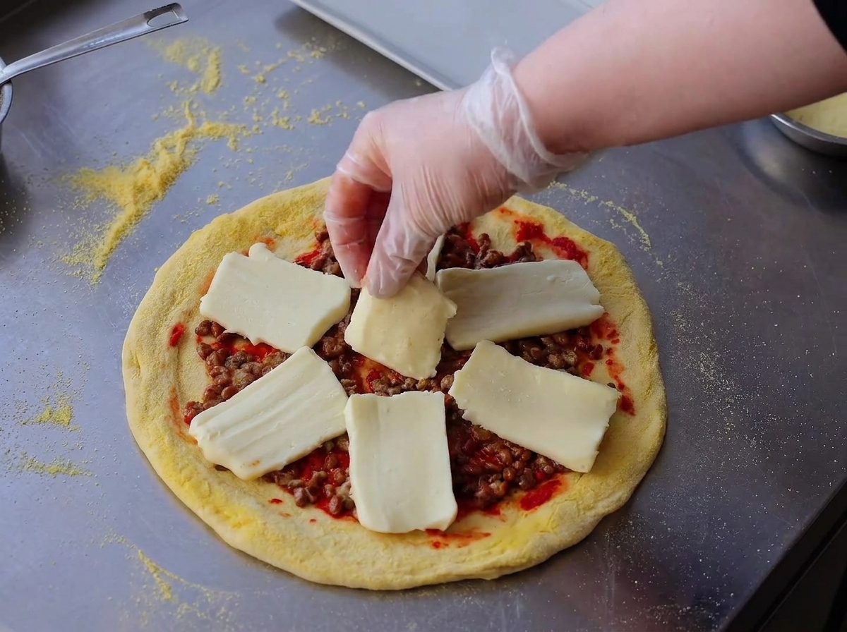 Dicke, rechteckige Scheiben Mozzarella-Käse werden über der Natto-Schicht angeordnet.