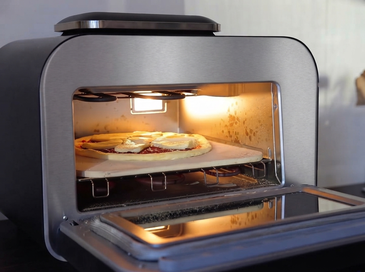 Eine vorbereitete Pizza wird von einem Schieber auf den heißen Backstein in einem elektrischen Arbeitsplatten-Pizzaofen geschoben.