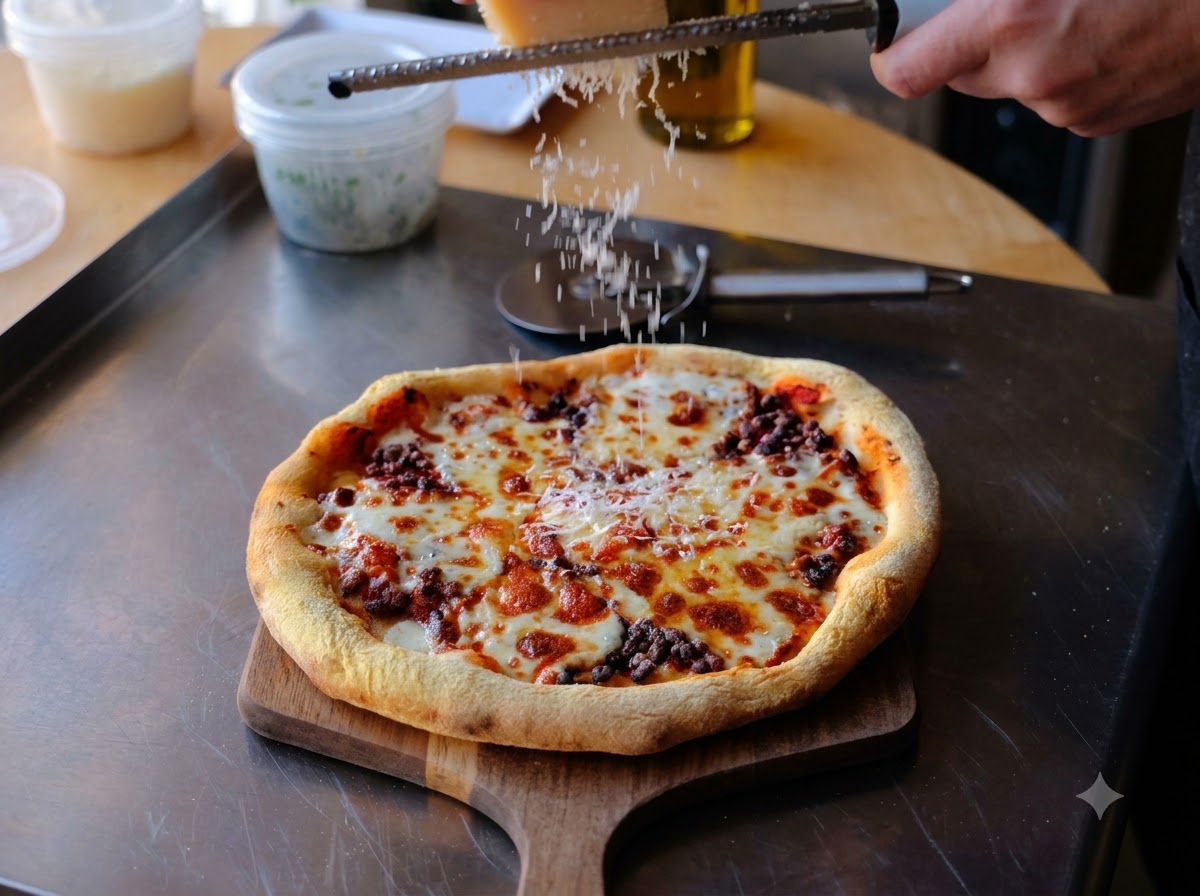 Frischer Parmesan wird von einem Stück über eine heiße, frisch gebackene Pizza auf einem Holzschieber gerieben.