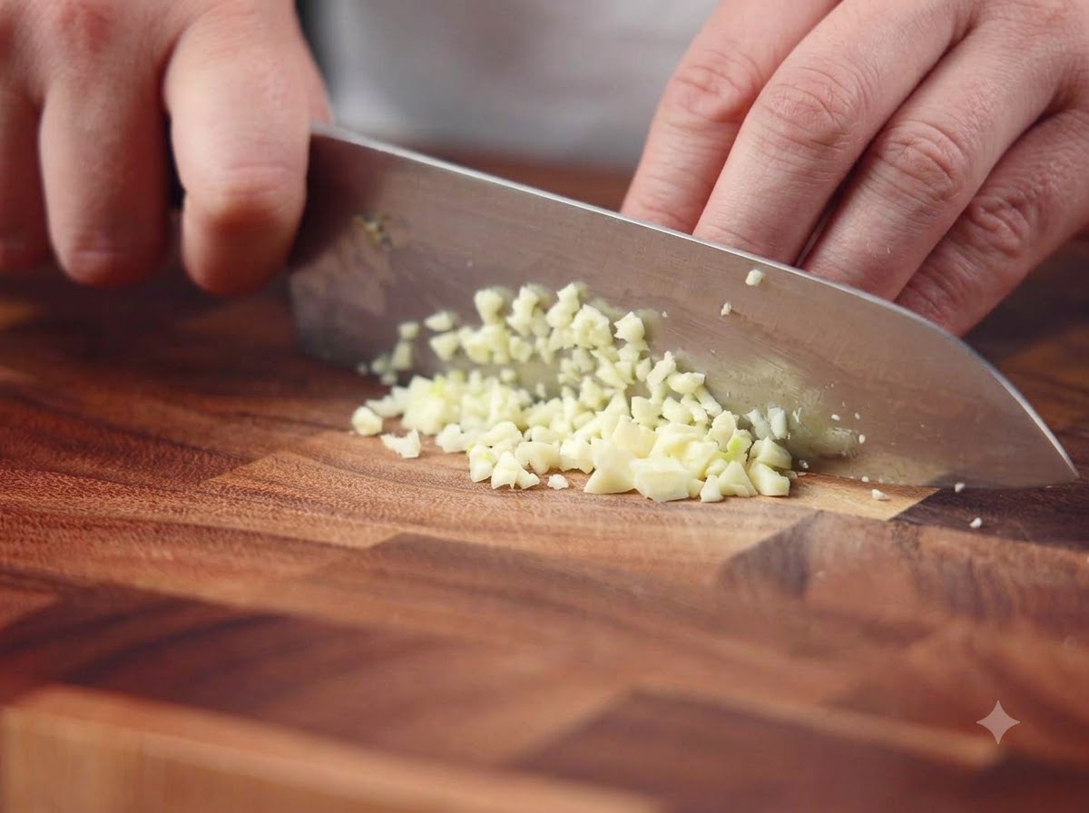 Knoblauchzehen werden mit einem Kochmesser auf einem Holzschneidebrett fein gehackt.