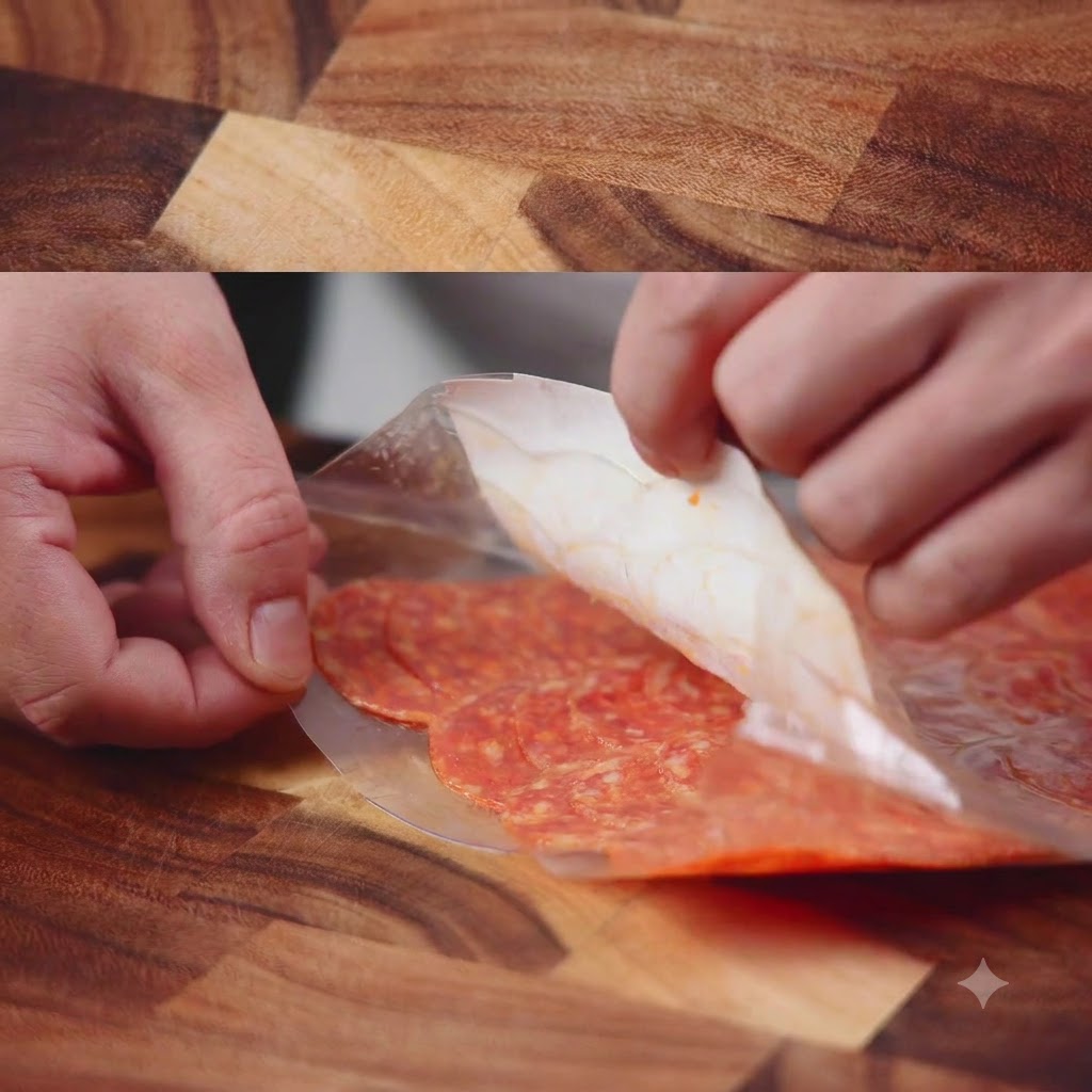 Hände öffnen eine Plastikverpackung mit vorgeschnittener Salami auf einer Holzoberfläche.