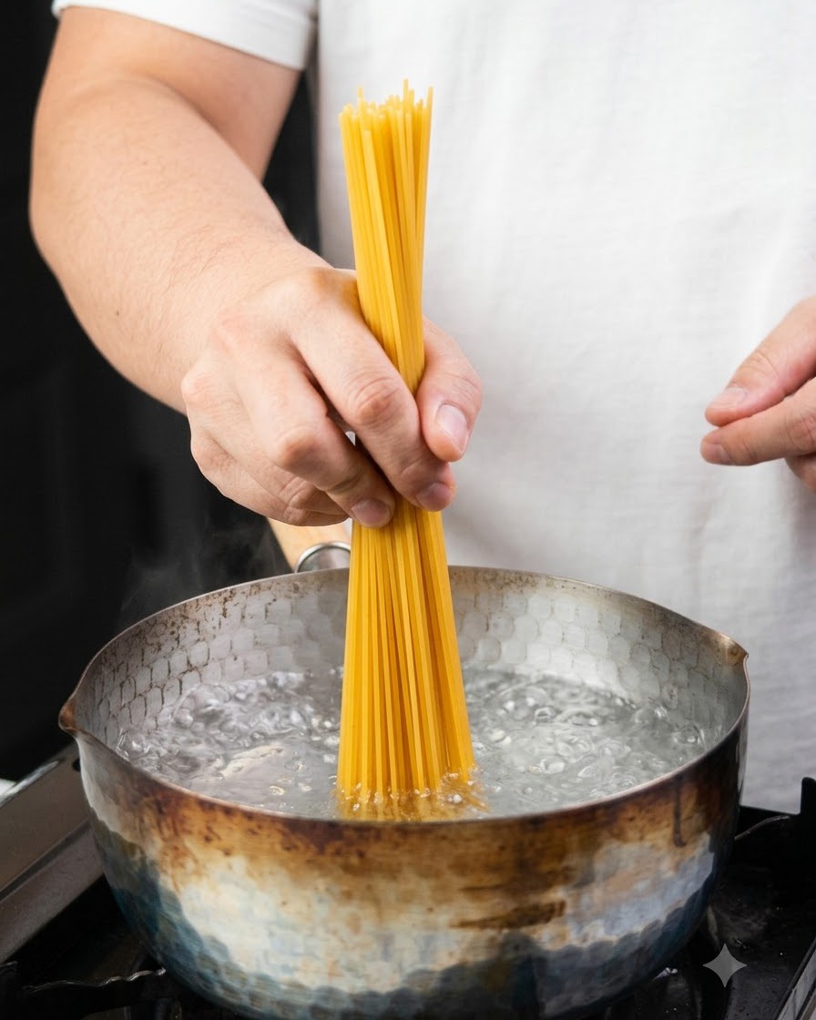 Eine Handvoll trockener Spaghetti wird in einen Topf mit sprudelnd kochendem Wasser gegeben.