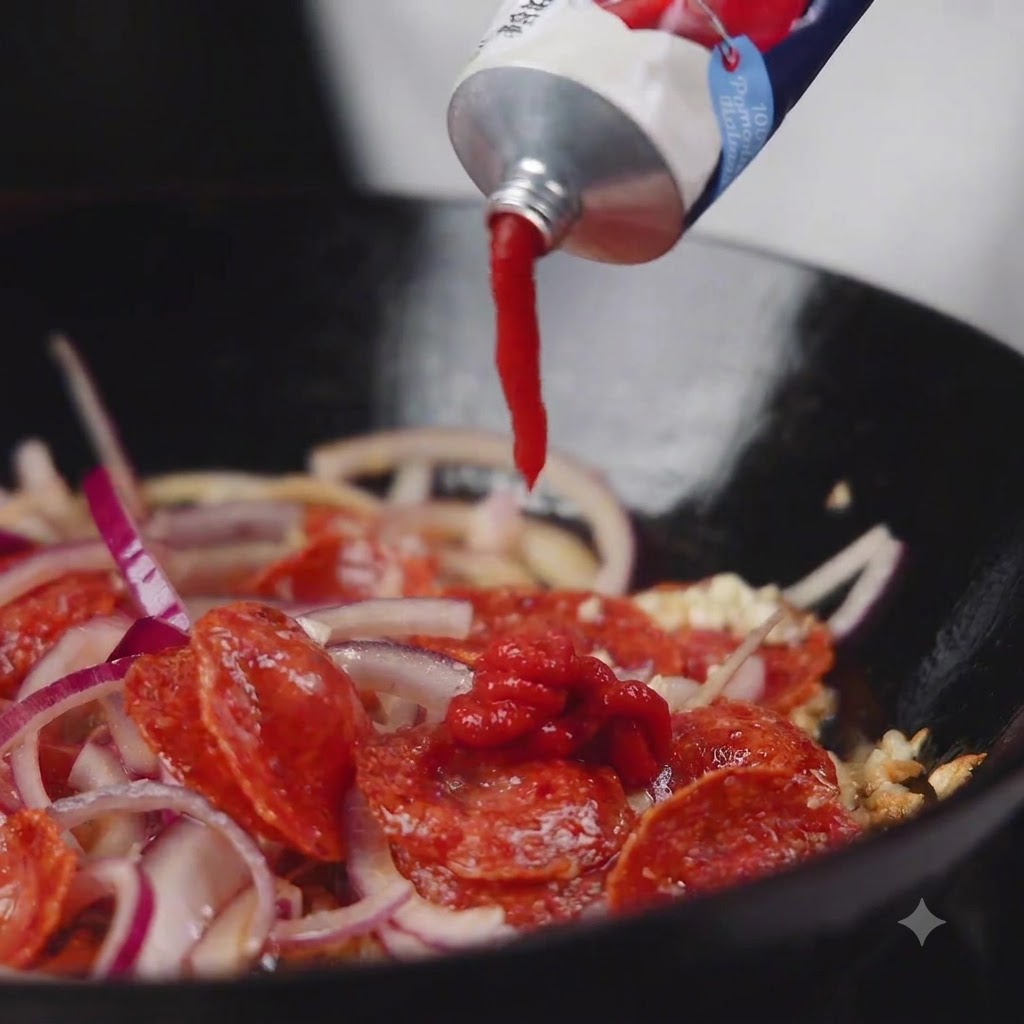 Rotes Tomatenmark wird aus einer Tube in die Pfanne mit den Zutaten gedrückt.