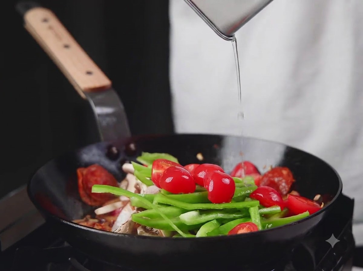 Grüne Paprika, Kirschtomaten und Champignons werden in die Pfanne gegeben.