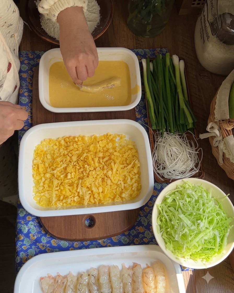 Eine Hand drückt eine teigbedeckte Garnele in ein Bett aus gelben Tempura-Flocken.