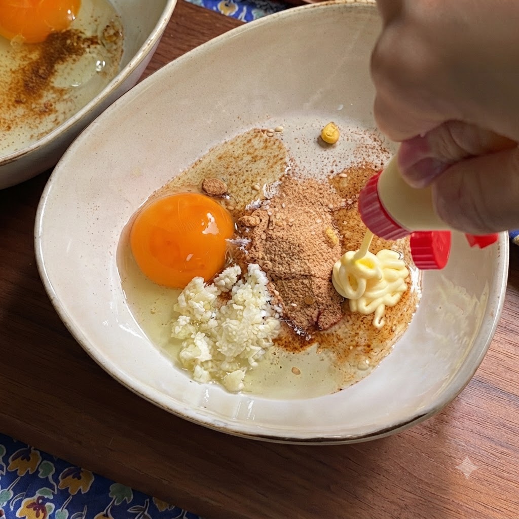 Eine Flasche drückt Mayonnaise in eine Schüssel mit rohem Eigelb, Knoblauch und Gewürzpulver.