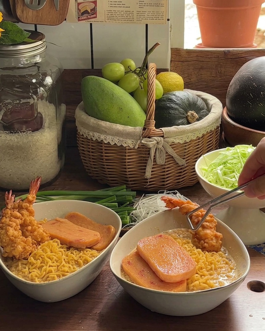 Fertige Ramen-Schüsseln, garniert mit gebratenen Spam-Scheiben und großen, knusprigen Tempura-Garnelen.