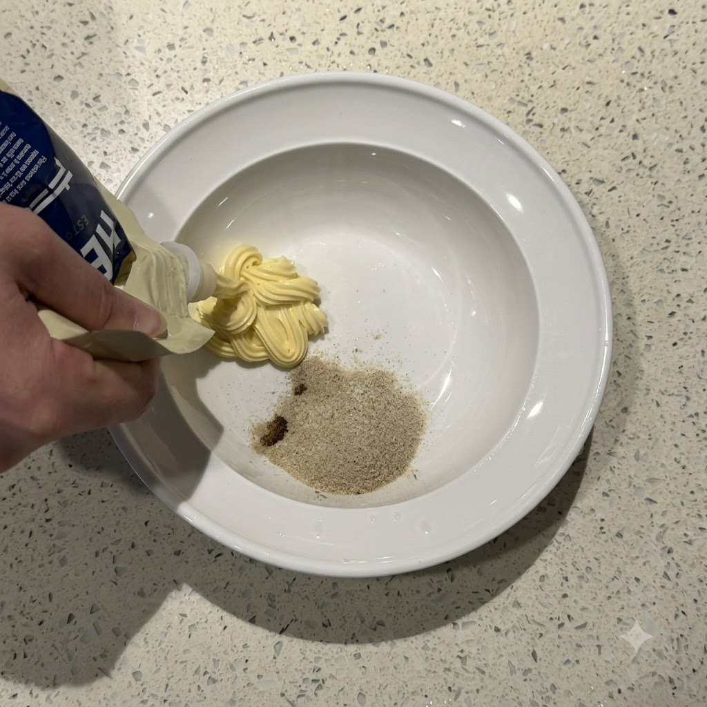 Eine Hand hält eine Quetschtube und drückt gelbe Mayonnaise in eine weiße Schüssel mit Würzpulver.