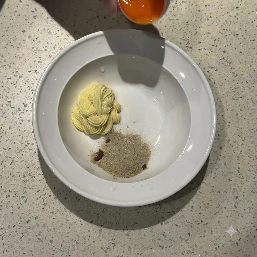 Ein rohes, oranges Eigelb fällt aus einer Eierschalenhälfte in eine weiße Schüssel mit Mayonnaise und Würzpulver.