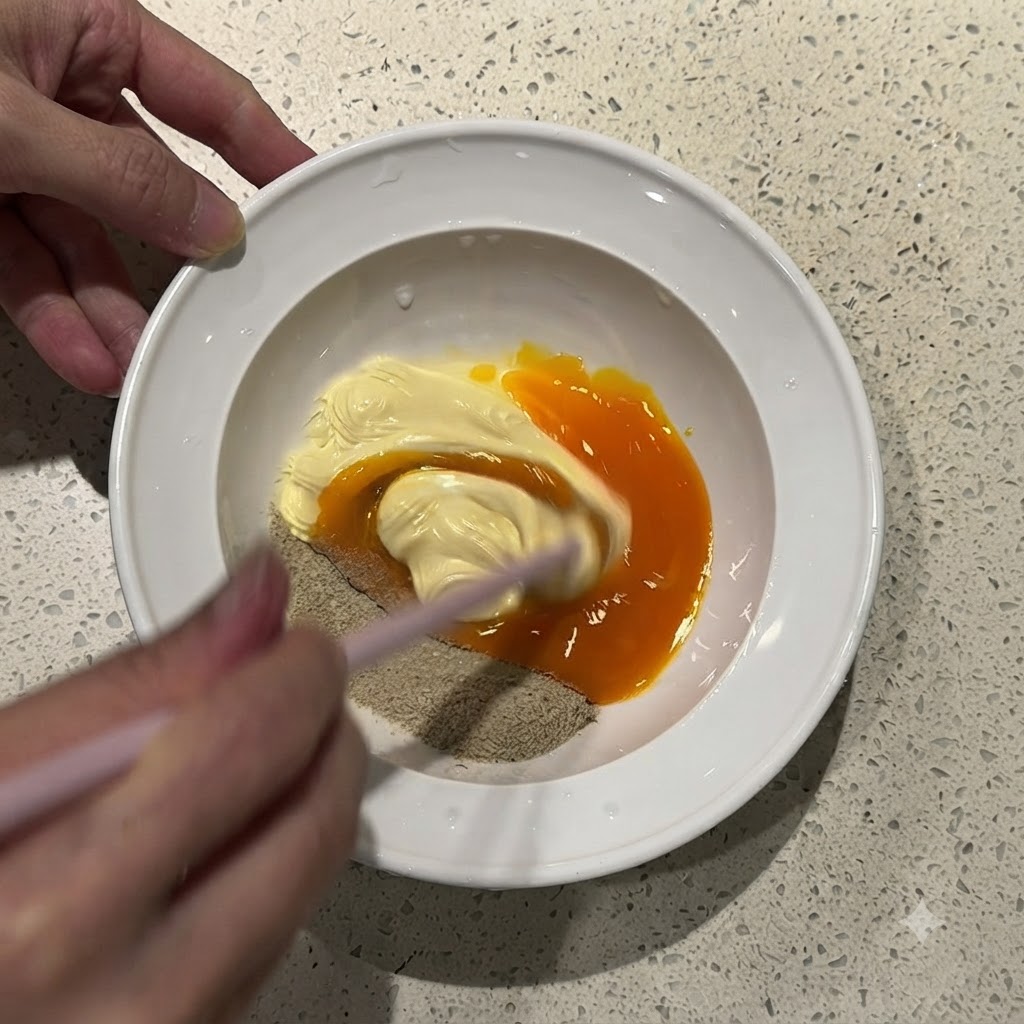 Eine Hand hält rosa Stäbchen und rührt aktiv eine dicke orange Paste aus Eigelb, Mayonnaise und Würzpulver in einer weißen Schüssel um.