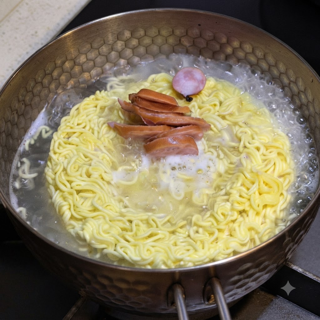 In Scheiben geschnittene Hot-Dog-Würstchen und eine runde Fischkuchenscheibe kochen in einem Topf mit kochenden Instant-Nudeln.