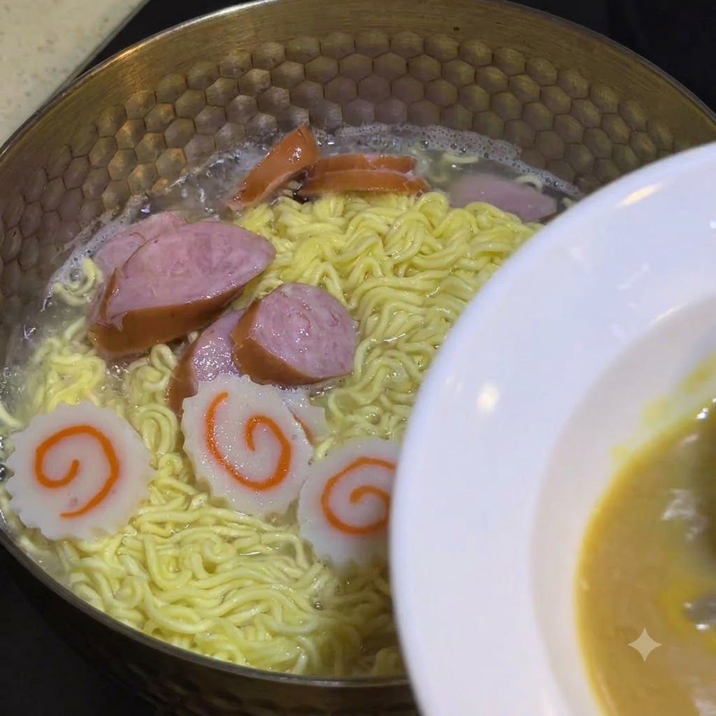 Eine Kelle schöpft heiße Brühe aus dem Kochtopf in Richtung einer weißen Schüssel mit Sauce.