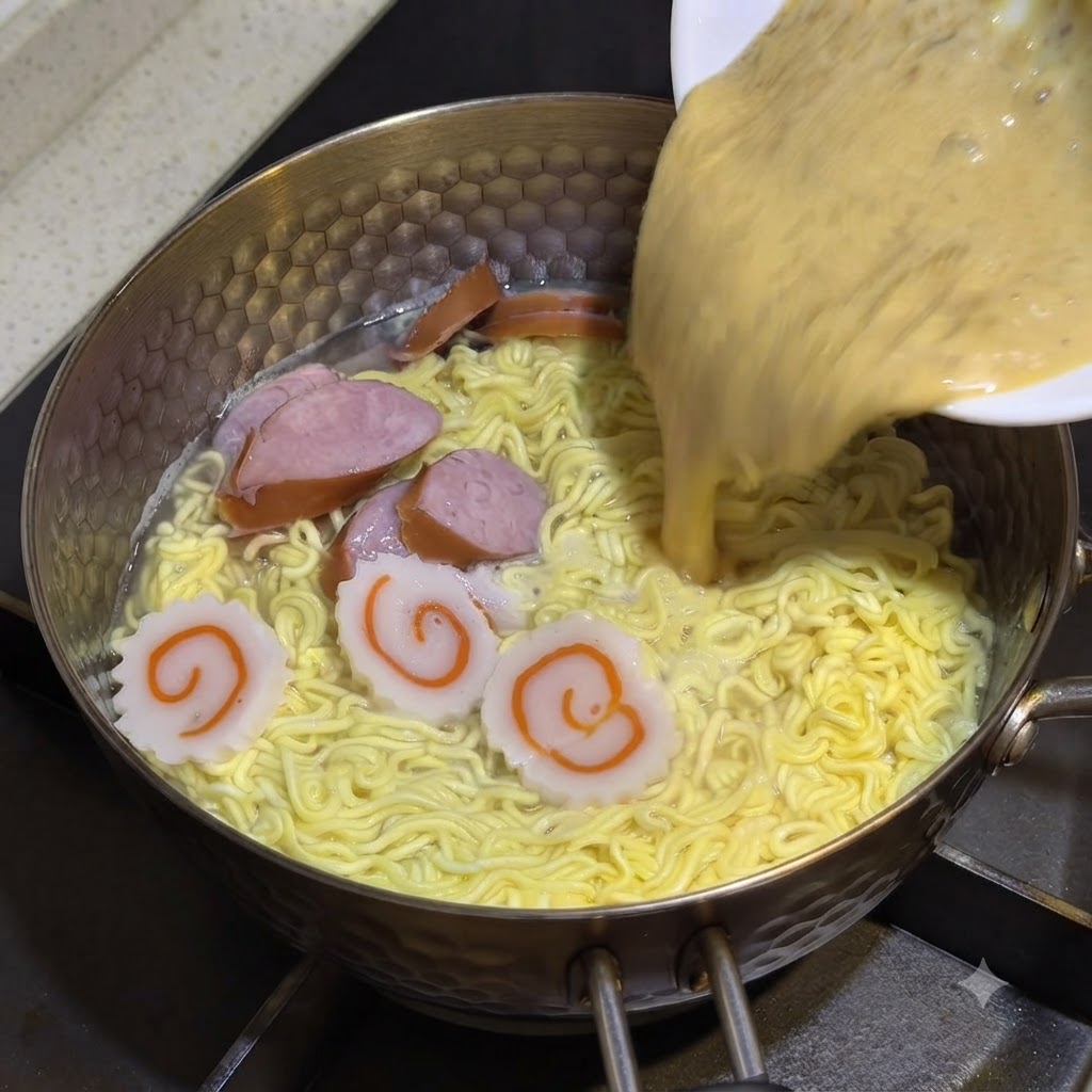 Die gemischte Sauce wird aus einer weißen Schüssel in den kochenden Nudeltopf gegossen.