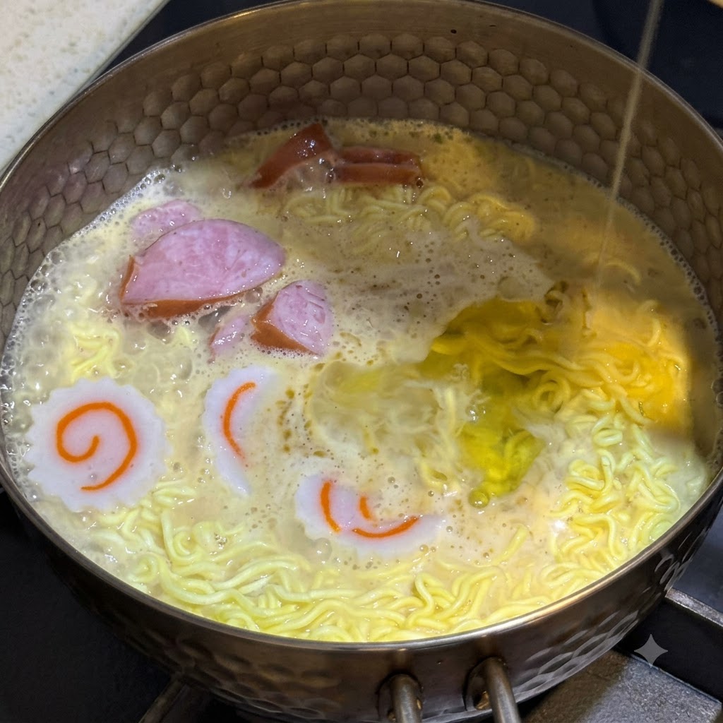 Eiweiß wird in einem dünnen Strahl in den kochenden Nudeltopf voller Brühe und Wurstscheiben gegossen.