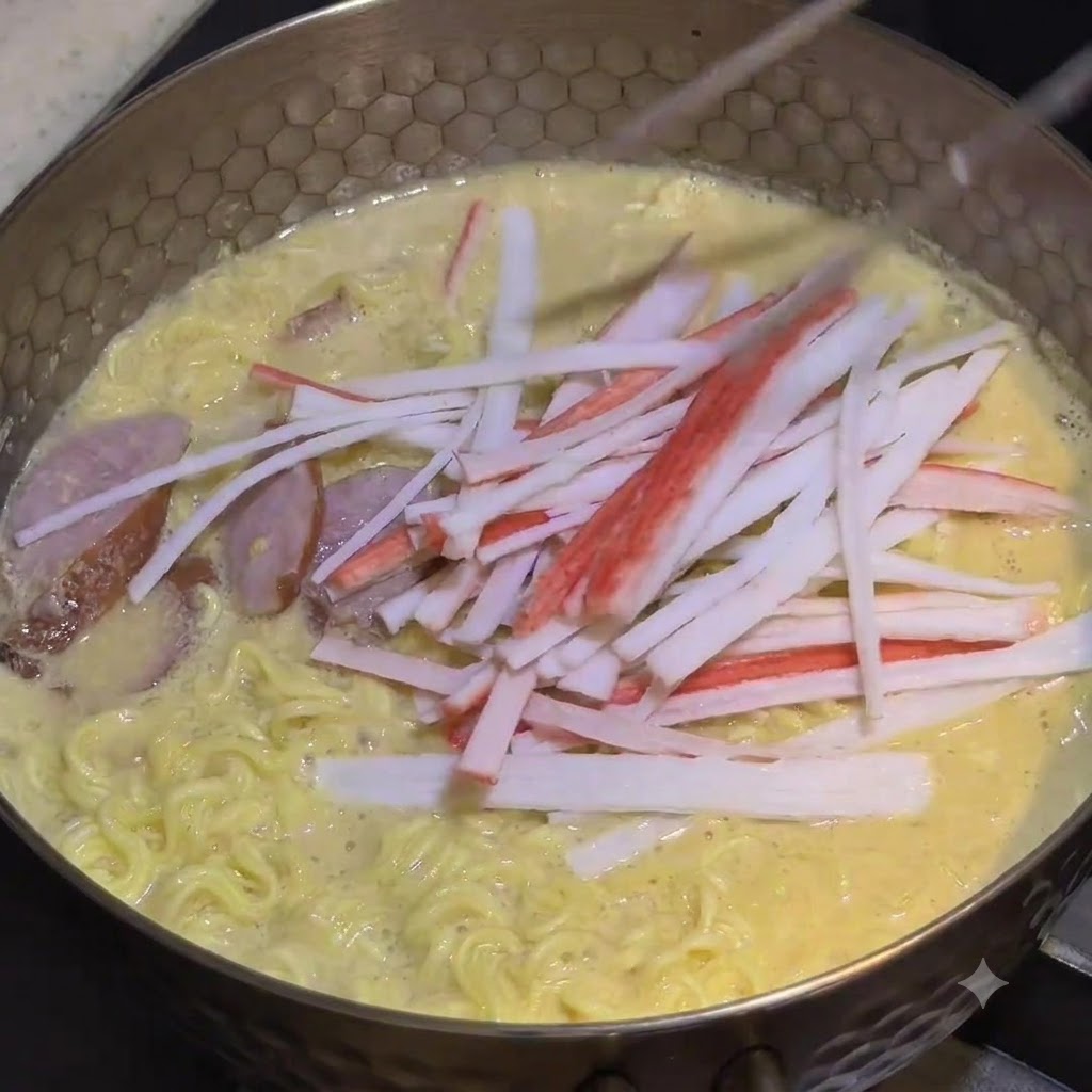 Zerkleinerte Surimi-Stäbchen werden auf die Oberfläche der köchelnden Nudeln gegeben.