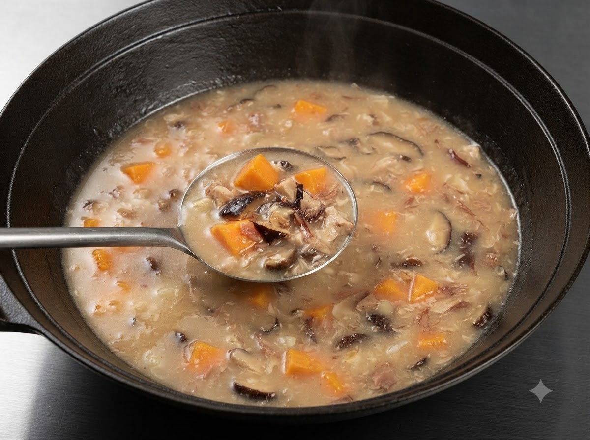 Eine Schöpfkelle schöpft reichhaltige Brühe voller Gemüse und Pilze aus einem dunklen Topf.