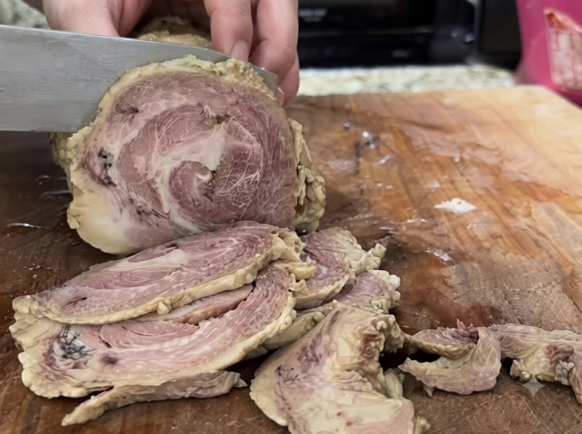 Schneiden von gekühltem, gerollten Chashu-Fleisch auf einem Holzschneidebrett mit einem Messer.