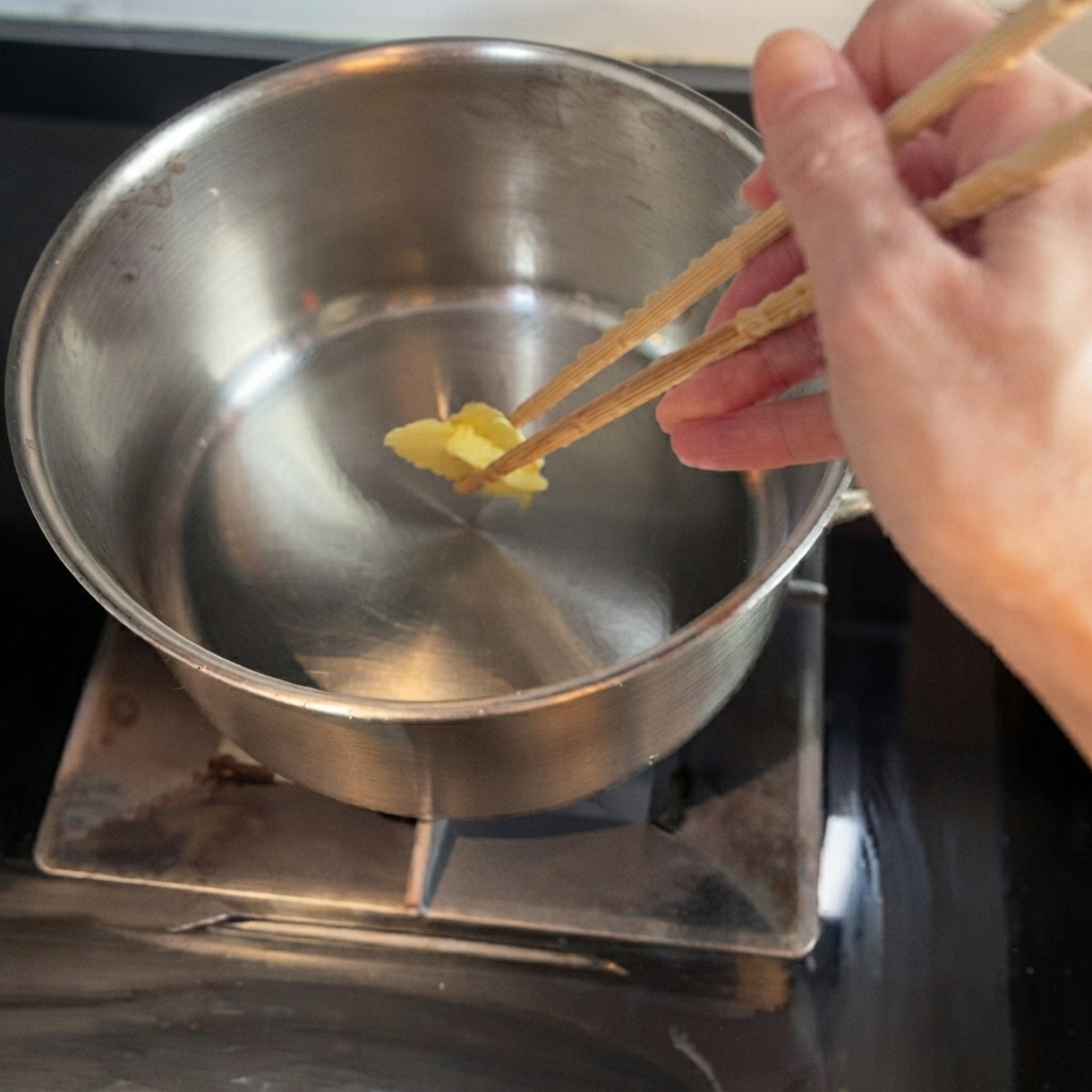Ingwerscheiben brutzeln in heißem Öl in einem Metalltopf.