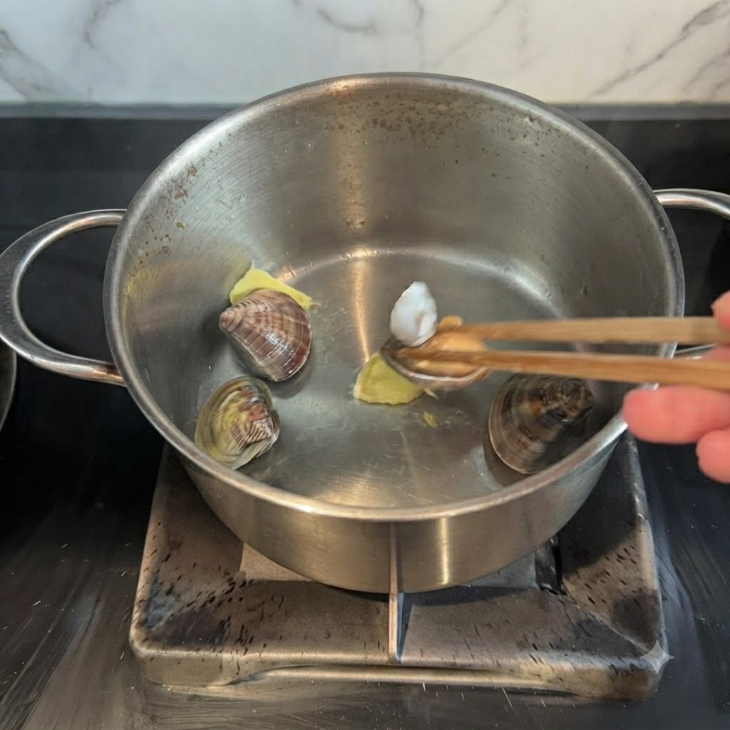 Asari-Muscheln, Krabbenstücke, Jakobsmuscheln und Pilze im Topf mit Ingwer.