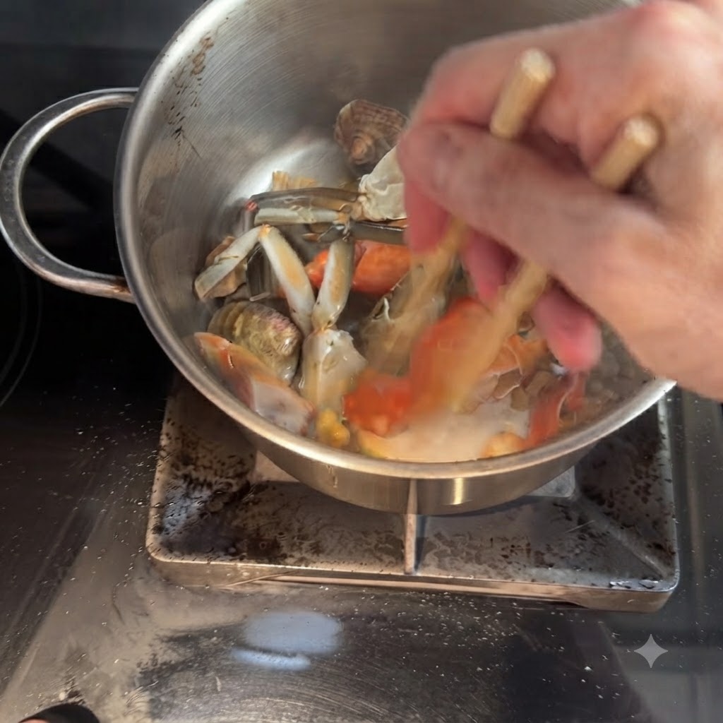 Krabbenfleisch und große Garnelen werden mit Stäbchen im Topf angebraten.